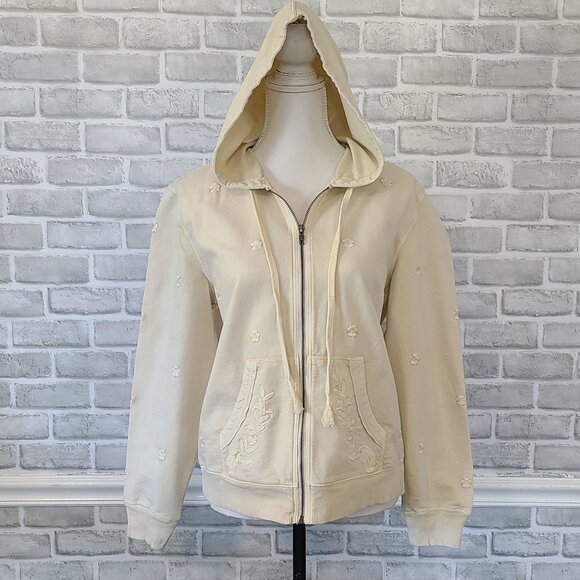 Sundance Embroidered Zip Up Hoodie Sweatshirt Jacket Cream Med Womens Cottage - Picture 1 of 10